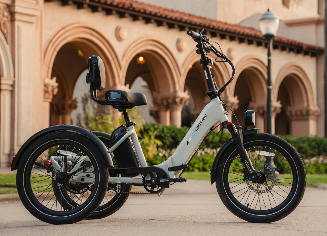 Lectric XP Trike 2 electric tricycle, lifestyle photo